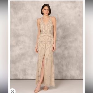Adrianna Papell FLOURISH BEADED HALTER GOWN OPEN BACK IN BISCOTTI NWT SIZE 6
